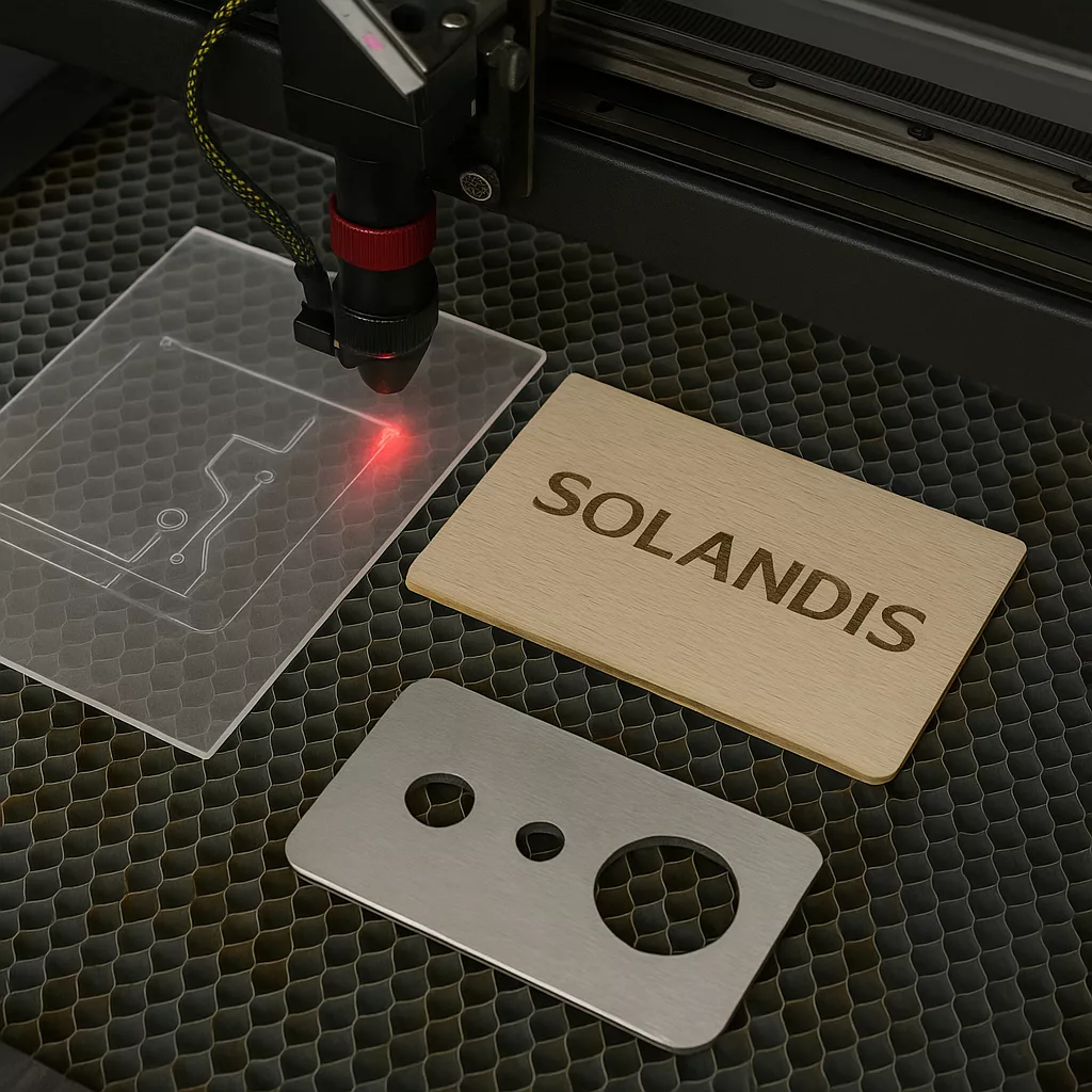 Atelier Solandis–Gravure-laser-sur-PMMA-bois-grave-SOLANDIS-decoupe-metal Gravure et découpe laser sur PMMA, bois et métal dans l'atelier Solandis à Ganges, Occitanie