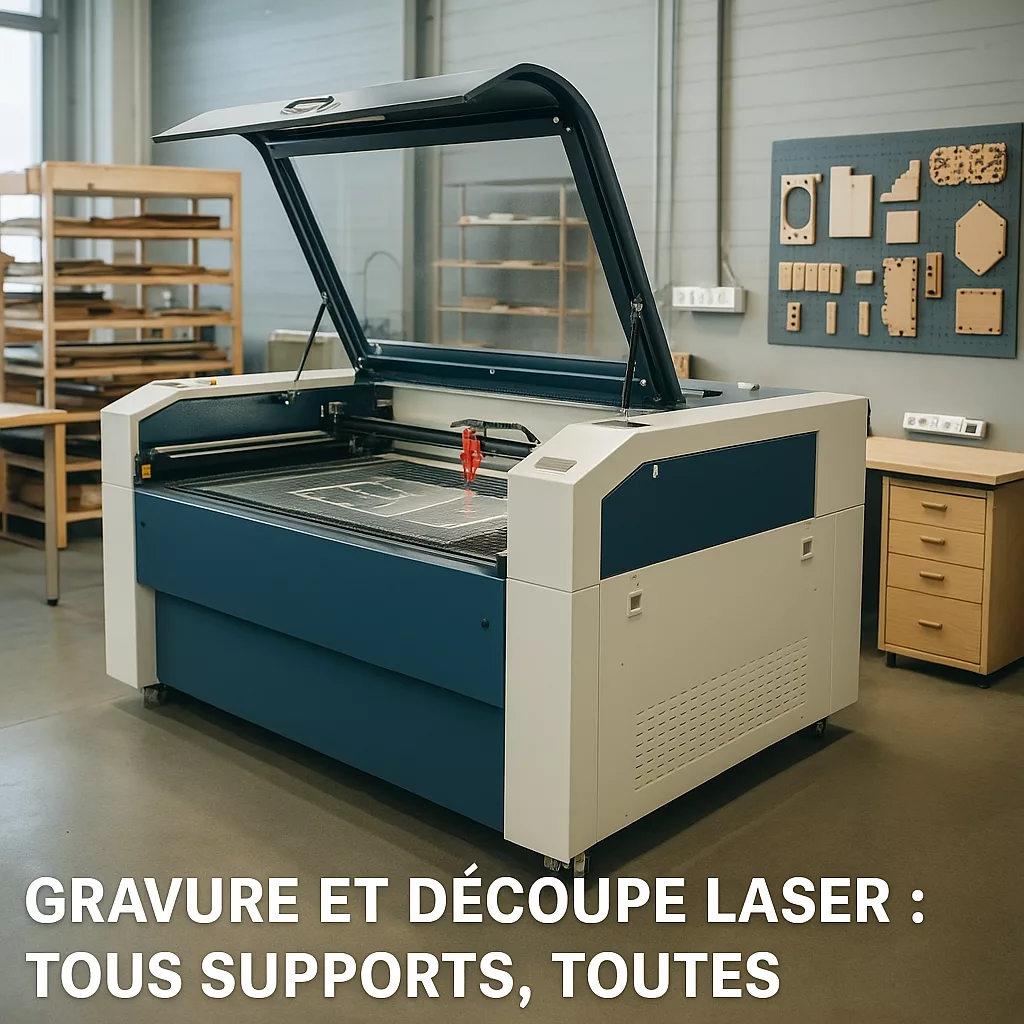 Machine de découpe laser CO₂ dans l'atelier Solandis, à Ganges (Occitanie), équipée pour la gravure et la découpe de PMMA et bois
