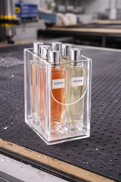 Usinage de porte testeur pour secteur parfumerie et cosmétique - pmma personnalisé - pliage et découpe laser
