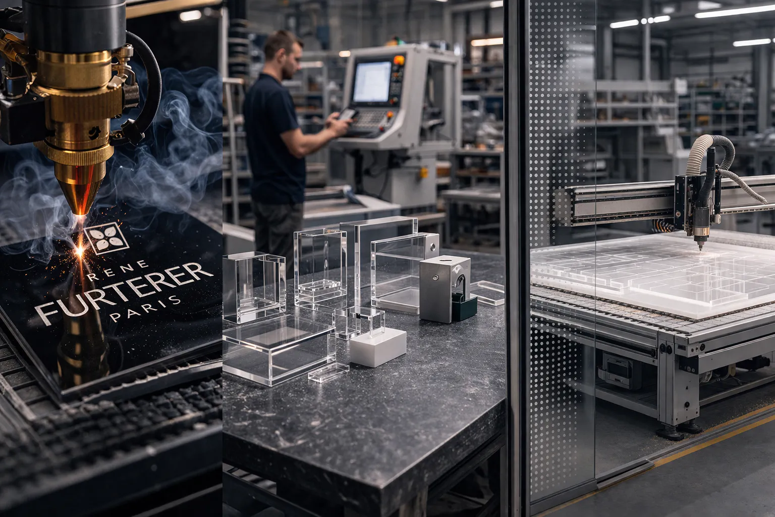 photo atelier montrant gravure laser sur PMMA, pièces en fabrication et table d’usinage CNC grand format