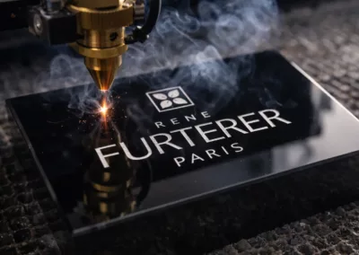 gravure laser sur bloc vitrine en PMMA noir pour la marque Furterer Paris dans l’atelier Solandis