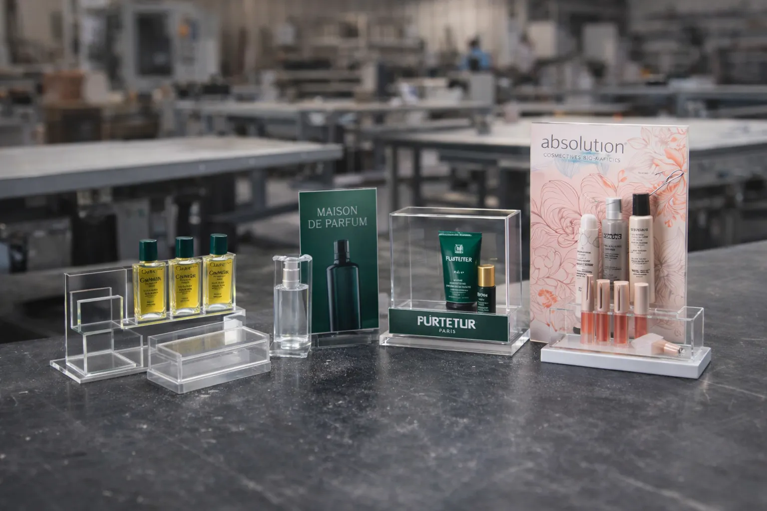 présentoir PMMA, supports testeurs, porte mouillettes, bloc vitrine et PLV premium en atelier