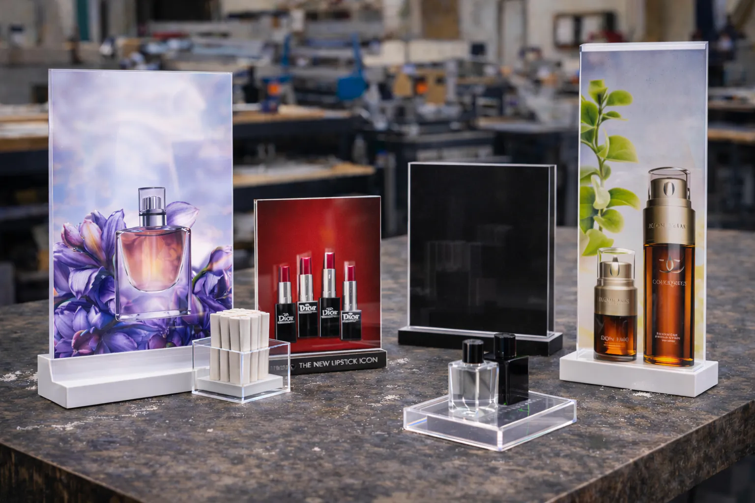 Personnalisation support pmma porte mouillette, PLV parfumeur, bloc vitrine COSMED