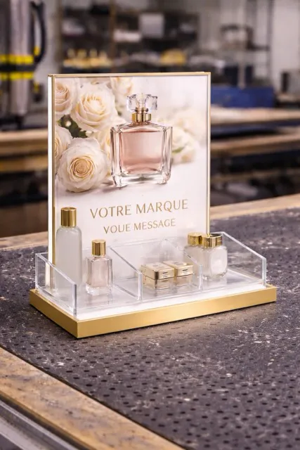 Présentoir PLV plexi pmma personnalisé pour magasin parfumerie et cosmétique Grasse