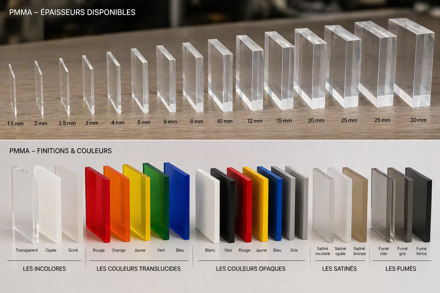 Échantillons PMMA de différentes épaisseurs disponibles chez Solandis