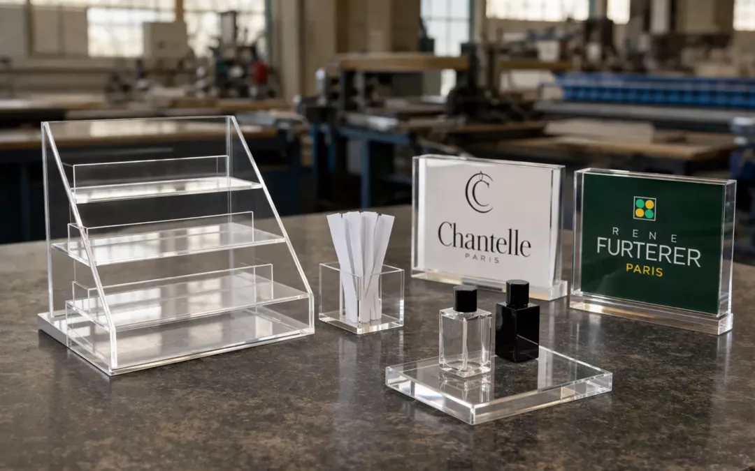 Blocs vitrines PMMA et PLV pour la parfumerie sur mesure et pour la cosmétique