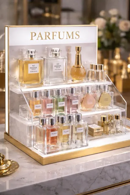 presentoir-parfum-en-pmma-usinage-personnalisation-parfumeur-testeur - Moyenne Usinage et assemblage de présentoir spécialement conçu sur mesure pour parfumeur et cosmétique - Cosmed / FEBEA