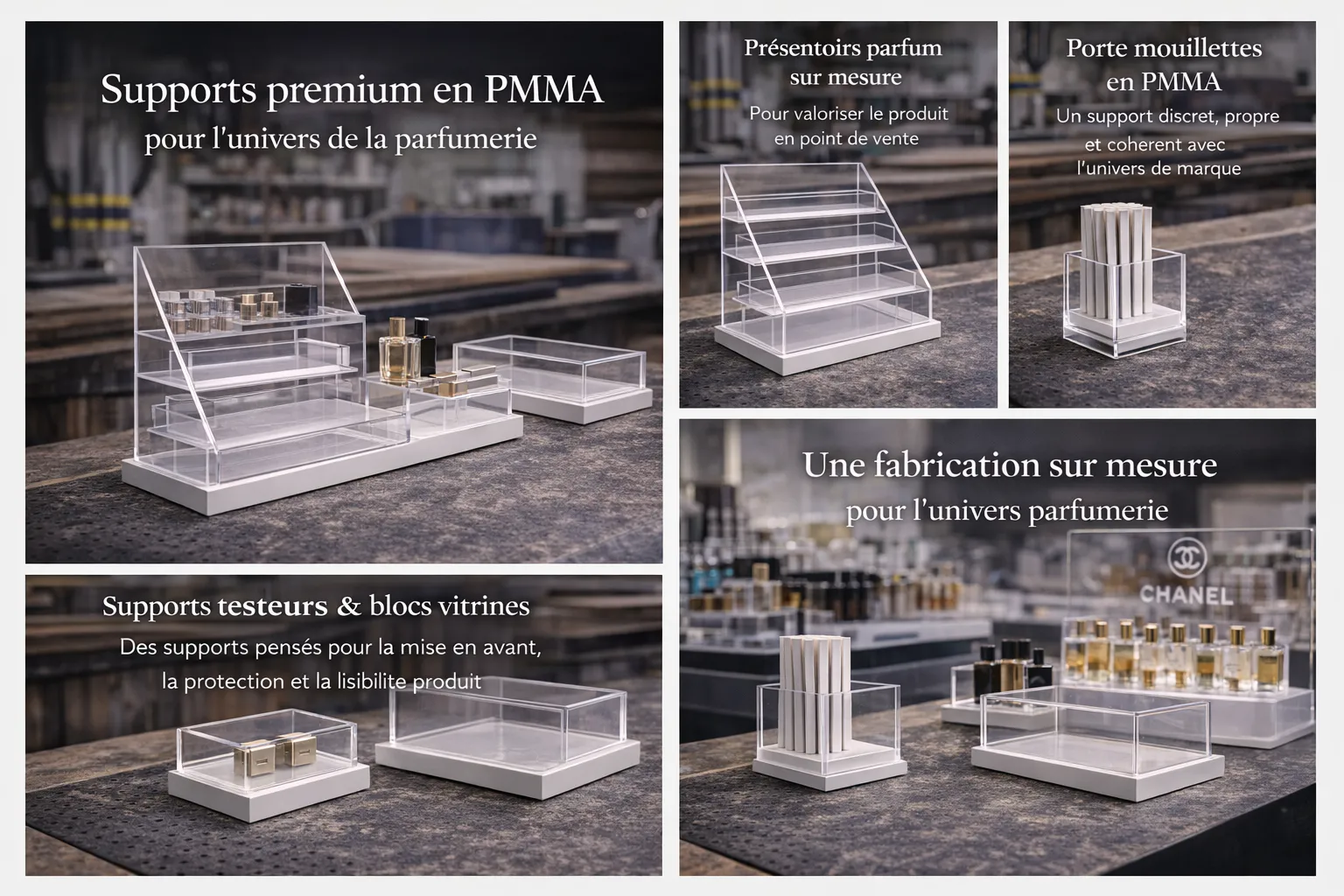 Ensemble de supports premium usinés dans notre atelier pour labo cosmétique parfum COSMED - FEBEA - Occitanie