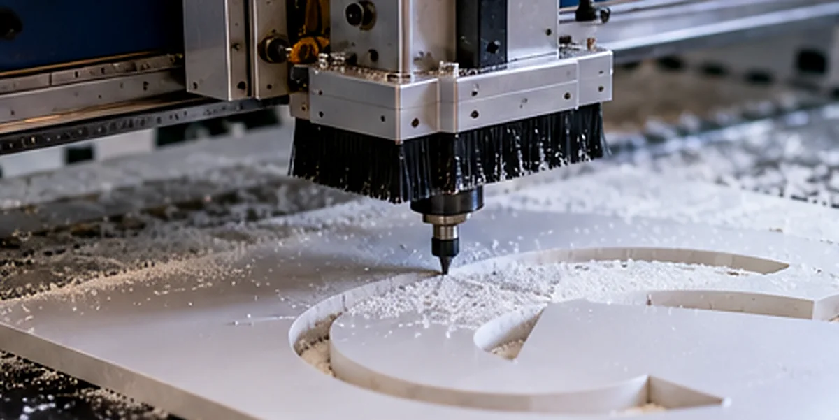 Illustration d'une fraiseuse CNC réalisant une découpe de forme dans une plaque pour la fabrication de signalétique