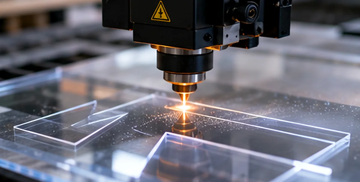 Illustration d'une machine de découpe laser travaillant une plaque transparente en PMMA
