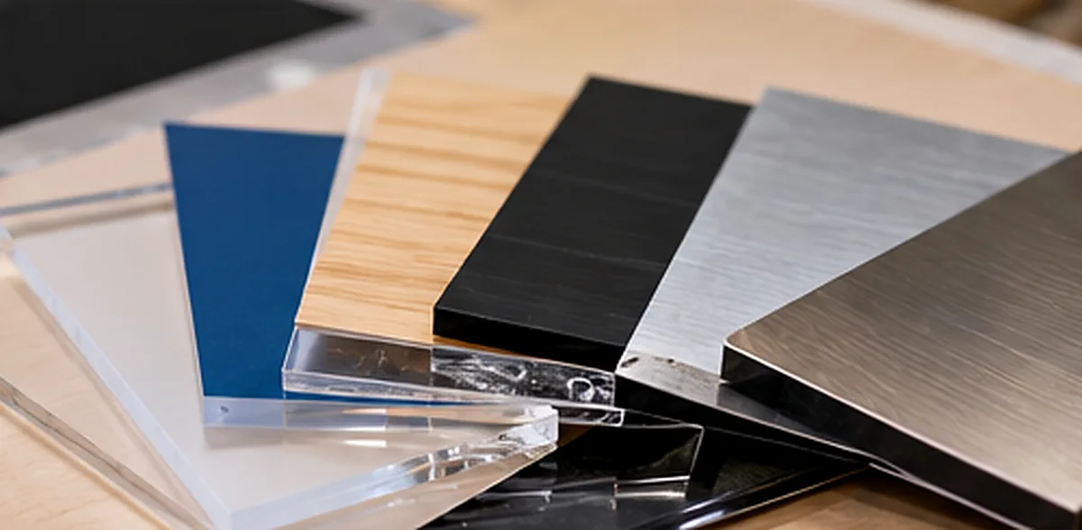 Échantillons illustratifs de matières pour enseignes et signalétique : PMMA, PVC, aluminium composite et finitions décoratives