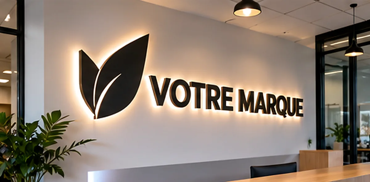 Illustration d'un logo mural sur mesure avec lettres découpées et rétroéclairage dans un espace d'accueil professionnel