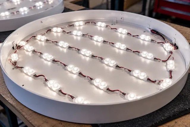 Illustration du principe d'intégration de modules LED câblés dans un caisson circulaire d'enseigne lumineuse